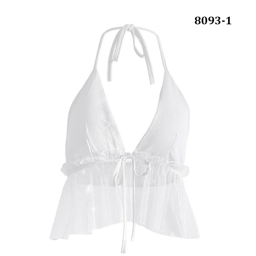 

2019 New Fashion Women Chiffon Top Deep V Neck Chest Lacing Reveal Back Crop Tops Transparent Lace Camisole Garment