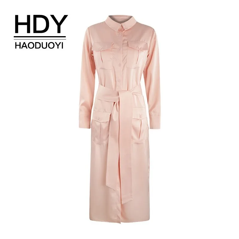 

HDY Haoduoyi 2019 Commuting Simple Belt Pink Summer Lazy Wind Flip Pocket Over The Knee Long Version Shirt Dress New Arrival