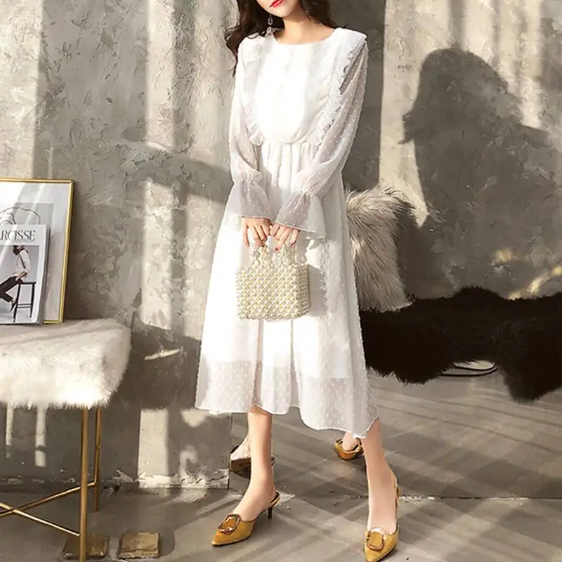 

BGTEEVER Women Polka Dot Chiffon Ruffles Dress Elastic Waist Flare Sleeve Female Long Vestidos Retro A-line Women Dress 2019
