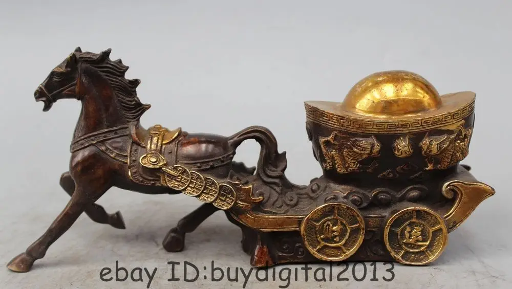 

12" China Fengshui Zodiac Bronze Gild Horse Carriage Yuanbao Ingot Coins Statue