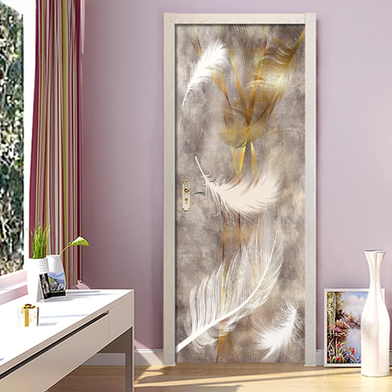 DIY дверная Наклейка ПВХ водонепроницаемая самоклеящаяся Скандинавская линия Золотое перо 3D обои плакат Декор для гостиной двери настенные наклейки