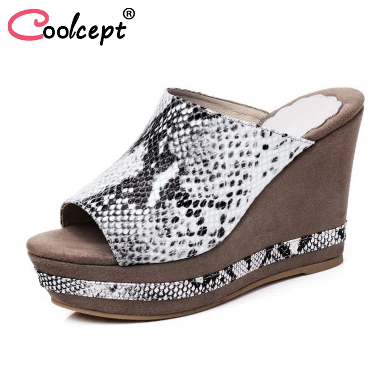 

Coolcept Sexy Women Real Genuine Leather High Wedges Sandals Peep Toe Platform Trfile Slippers Brand Quality Shoes Size 34-39
