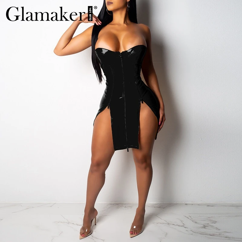

Glamaker Sexy pu leather off shoulder mini dress Women strapless zippers split bodycon dress Summer femme night club party dress