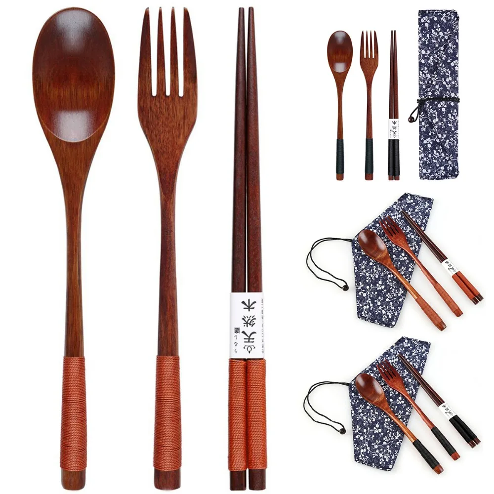 

Wooden Cutlery Set Portable Eco Friendly Reusable Flatware Utensils Set Fork + Spoon + Chopsticks w/ Pouch for Camping Office