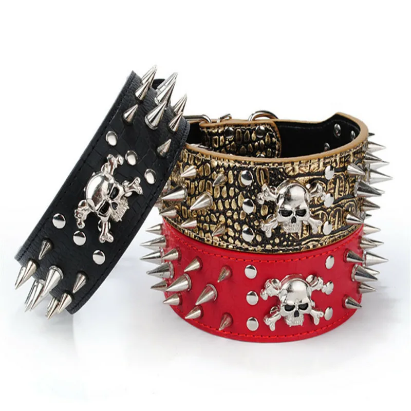 PU Rivet Pet Dog Collar White Skull Embedded Pet Dog Necklace with