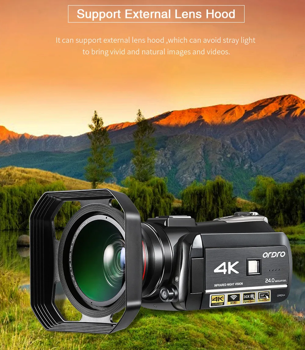 ORDRO AC3 4K Ultra HD 60FPS видеокамера с Wi-Fi внешним микрофоном широкоугольный объектив и бленда 3,0 lcd touch TFT Z627