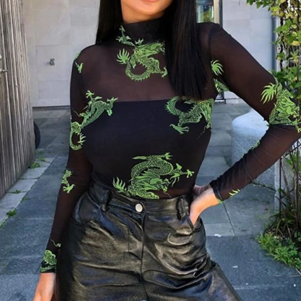 

Sexy See Trough Transparent Mesh Printing Jumpsuits High Quality Hot Dragon Printed Bodysuits Women Skinny Rompers 2 colors