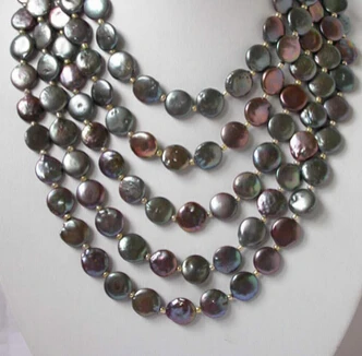 

0001913 Wonderful Long 100" 14mm black coin pearl Necklace (A0329)