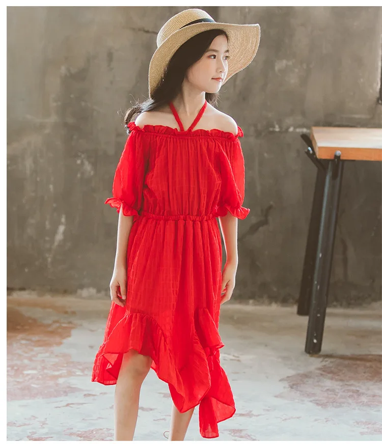 asymmetrical ruffles solid princess dresses girls baby kids chiffon dress short sleeve party dresses for big girls fashion 2018 (11)