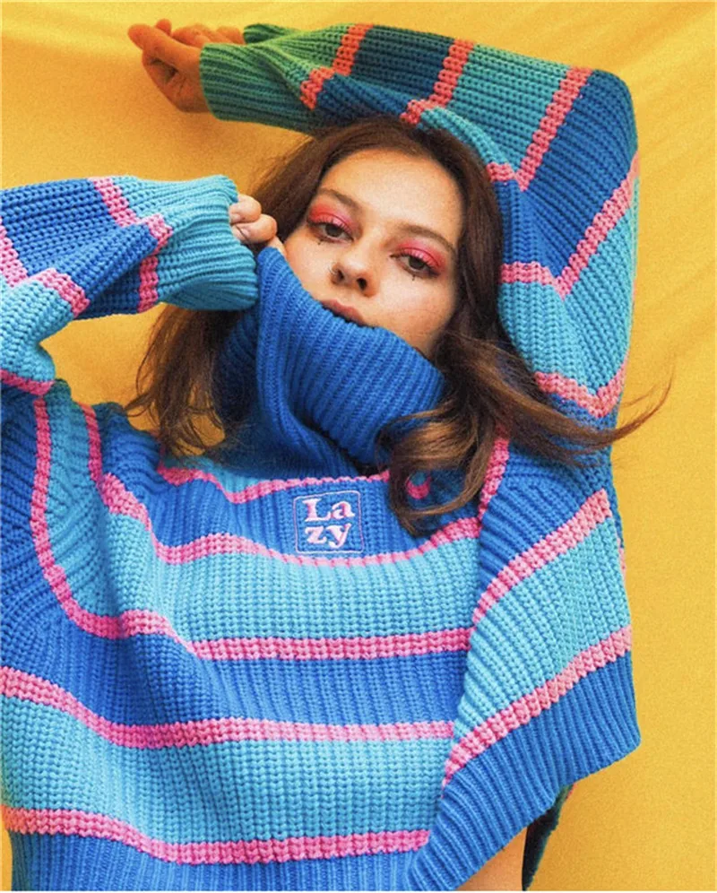 UNIF Womens Striped Roll Neck Jumper Runway sweater with Embroidered Letter Lazy Turtleneck Oversized Chunky Knit Pullovers