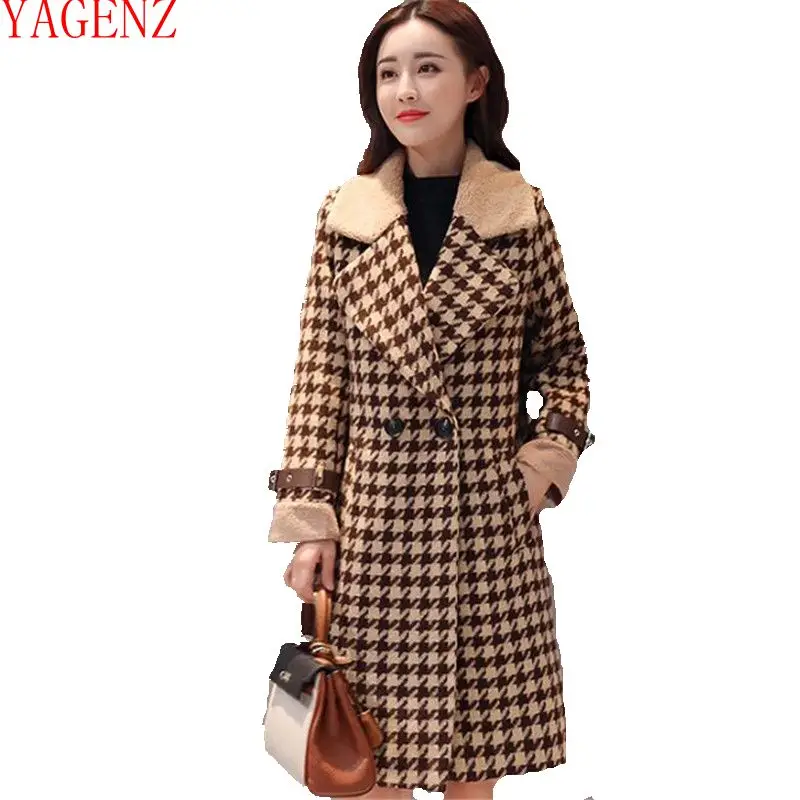 

High-end Winter Tops Fashion coat 2018 New Loose Women Vintage Woolen coats Lattice Long sleeve Warm Wool Cotton jacket 1038