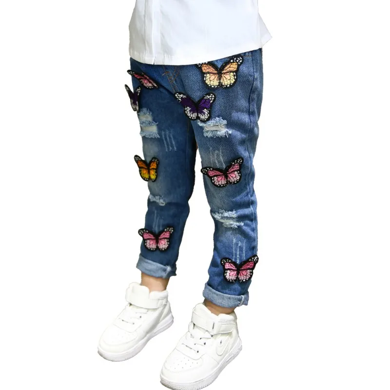 Детские джинсы для девочек с рисунком бабочки, детские штаны с дырками для От 3 до 7 лет, милые детские штаны для девочек, из США \ Китая