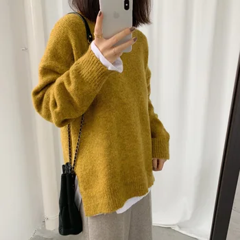 

Spring female loose long-sleeved round neck solid color sweaters casual sweater