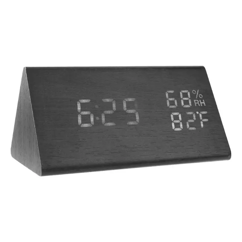 Интеллектуальный индукционный USB деревянный светодиодный звуковой контроль Будильник Таймер Календарь температурный дисплей настольные часы домашний декор - Цвет: Черный