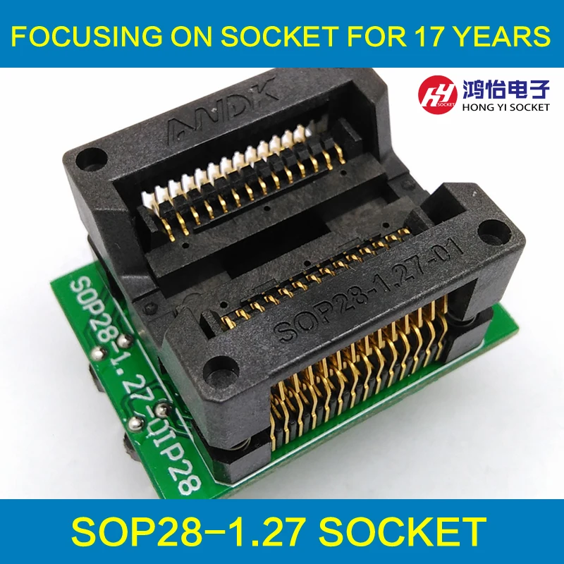

SOP28 SOIC28 SO28 to DIP28 IC Test & Programming Socket Pitch 1.27mm IC Body Width 7.5mm 300mil OTS-28-1.27-04 Test Adapter