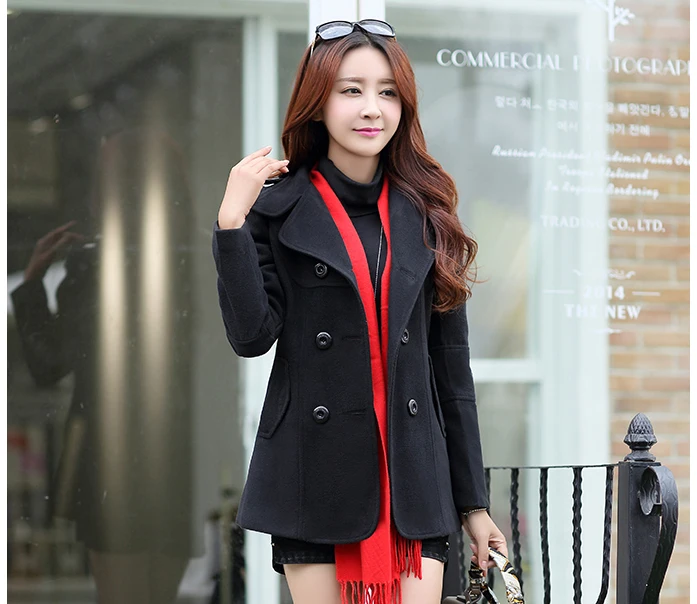 2018  Autumn and winter new female woolen coat short Korean version of the slim slimming lapel double-breasted woolen coat female tide (32)