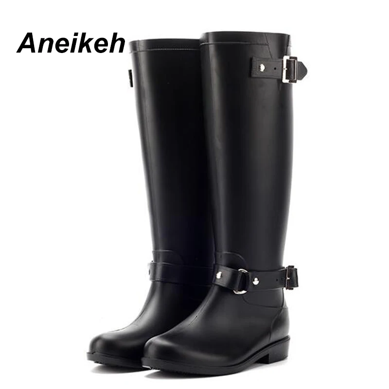 Cena Aneikeh PVC kobiety kalosze dziewczyny panie gumowe buty na co dzień spacery na świeżym powietrzu połowy łydki wodoodporne kobiece niskie buty na obcasie