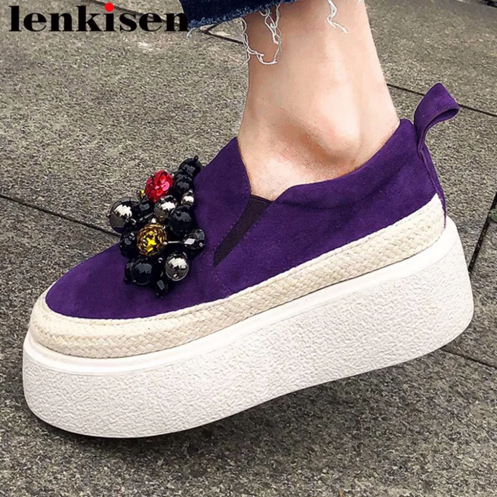 

Lenkisen new kid suede high bottom flat platform round toe slip on loafers colorful beading decoration vulcanized shoes L0f1