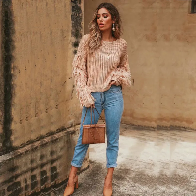 yinlinhe Pink Women Long Sleeve Cardigan Knitted Autumn Winter Sweater Women Jumpers Tassel Fashion Out Wear Pullover 5