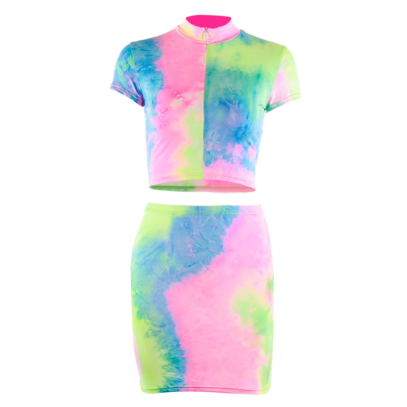 Hugcitar short sleeve crop tops shorts tie dye print colorful 2 piece set summer women fashion club streetwear sets