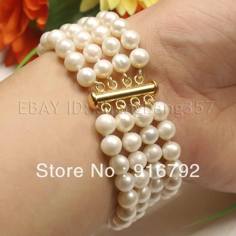 

free P&P >>>>> 4 Rows AA 7-8mm White Cultured Akoya Pearl Bracelets