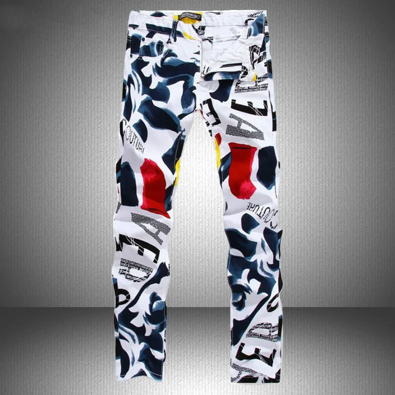 

Mens Print Pants New Famous Man Casual Pants Fashion 3D Painted Jeans White Skinny Cotton Trousers Biker Jeans Streetwear