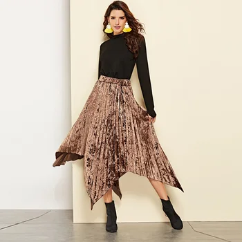 

New Autumn Winter Long Pleated Skirt Solid Color Large Swing Elegant Women 2020 Velvet Skirt Party Irregular Ladies Saia Fenimia
