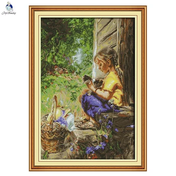 

JoySunday cross stitch kits needlework set Girl and kitten cat in garden 14CT 11CT cotton painting gift art factory wholesale