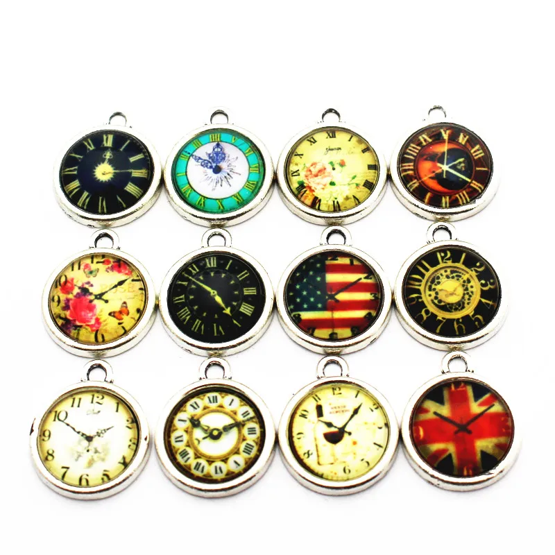 Mixs 12pcs/lot Metal Beautiful Clock Watch Glass Print Silver Dangle