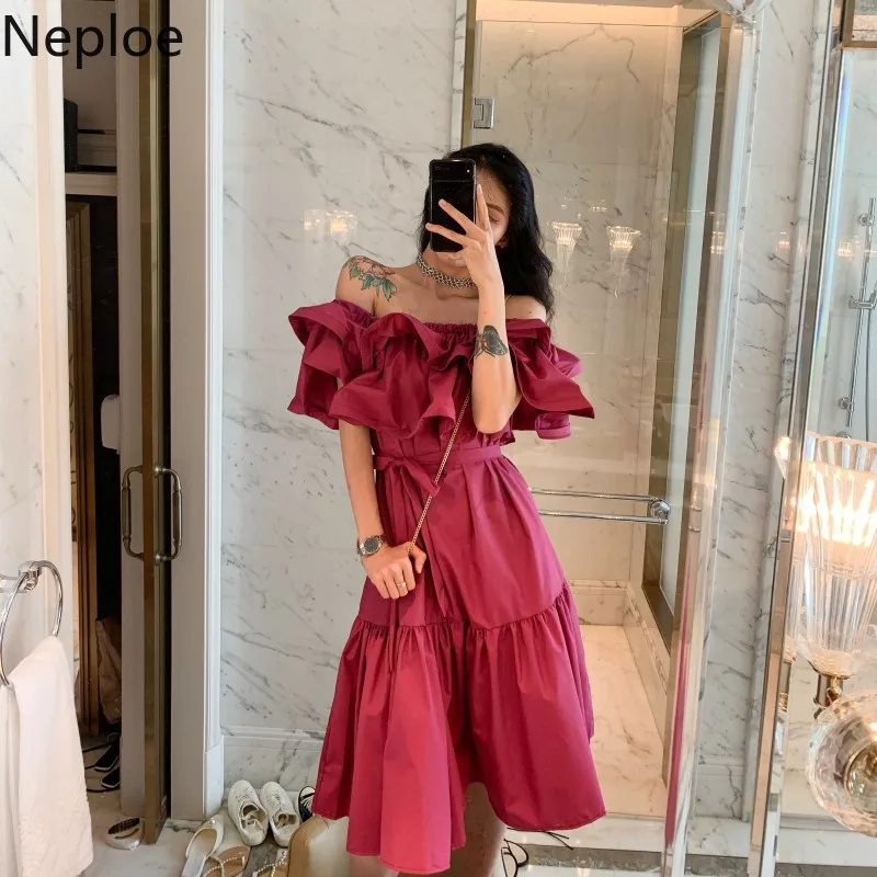 

Neploe Solid Women Dress 2019 Summer Slash Neck Short Sleeve Vestidos Sexy Shoulder Strapless Slim Waist Dresses 44482