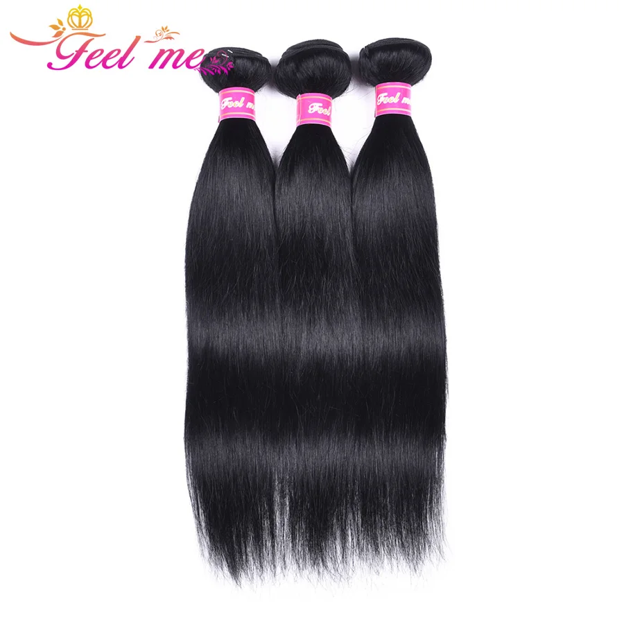 Feel Me Indian Straight Hair Bundles #1 Jet Black Human Hair Bundles Hair Weaves 10-26inch Pre-Colored Hair Extension Non Remy