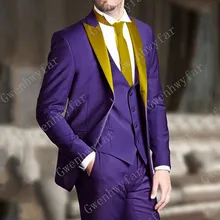 Gwenhwyfar мужской костюм Свадебные костюмы для мужчин остроконечный воротник из 3 предметов приталенный фиолетовый костюм с Золотые костюмы для мужчин s Королевский синий смокинг