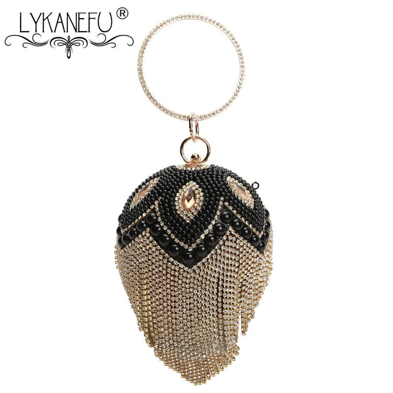 

LYKANEFU Ball Pattern Banquet Party Evening Bag Hasp Lock Tote Women Bag Beading Purse Day Clutches Ladies Wedding Hand Bag