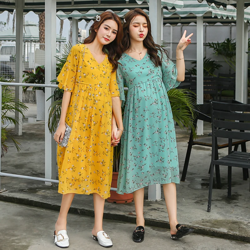 

Pregnant Dress Women 2019 Summer Mother Clothes New Maternity Gown Long Skirt Printed Flower Chiffon Dress Womens Dresses