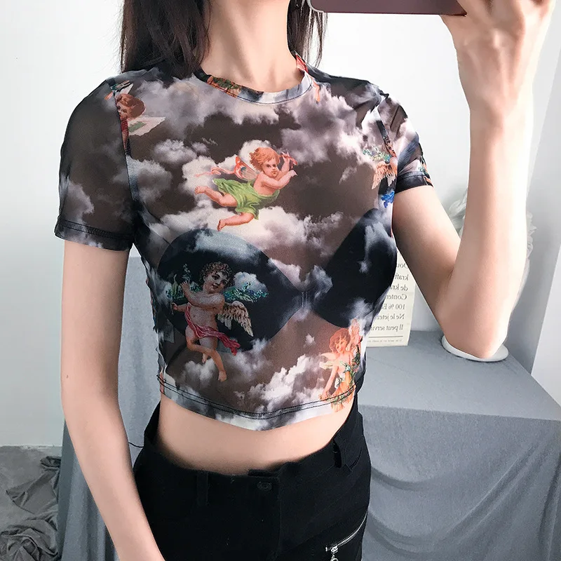 Cidukaka/укороченный сетчатый топ с принтом Женская Футболка Harajuku футболка сердцем