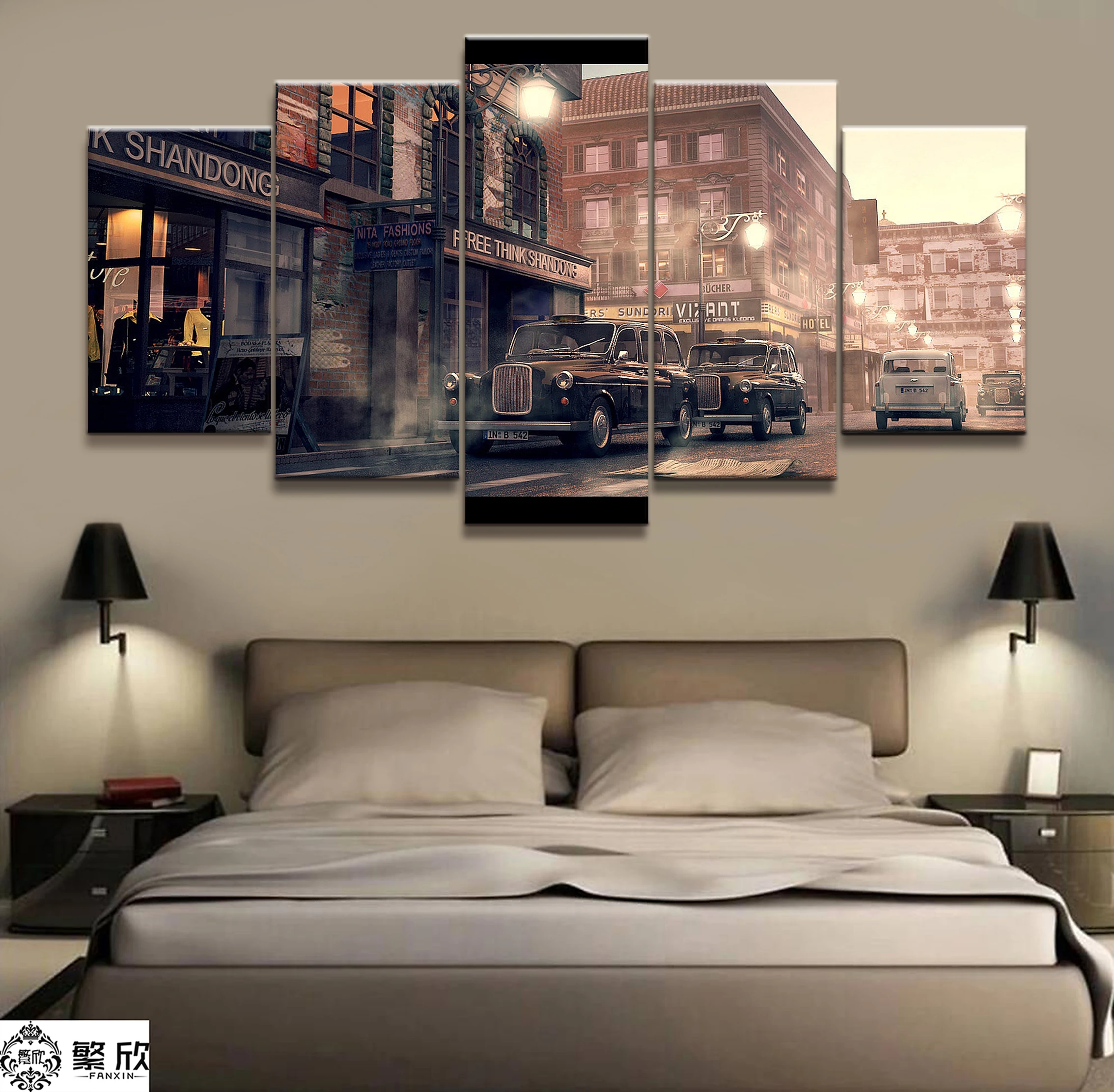 

5 Pieces Super Vintage Car Street Poster Modern Wall Art Decorative Modular Framework Picture Canvas HD Printed One Set Painting
