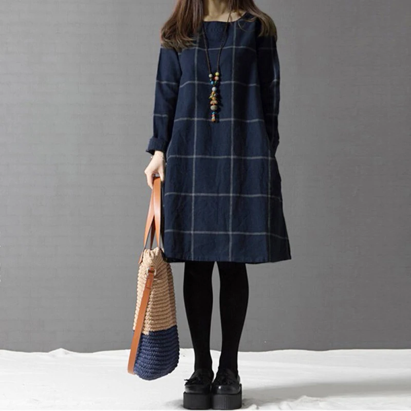 

2019 Spring Autumn Plus Size Vintage Women Cotton Linen Dress Loose Casual Shirt Dresses Long Sleeve Check&Plaid Vestidos Mujer