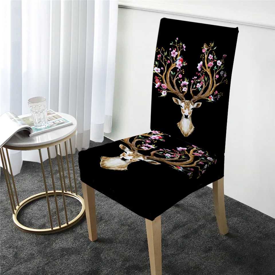 BeddingOutlet Floral Banquet Chair Cover Moose Reindeer Elk Spandex Slipcover Deer Removable Seat Cover Black White coprisedie