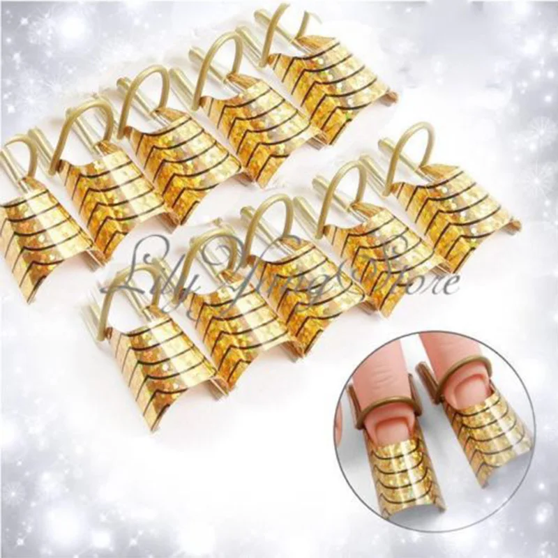 10pc Nail Art C Curved Shape Extension Guide Tips French Foil Acrylic Polish Gel UV Form Reusable Metal Mold Manicure Tool New - Цвет: 10pc gold