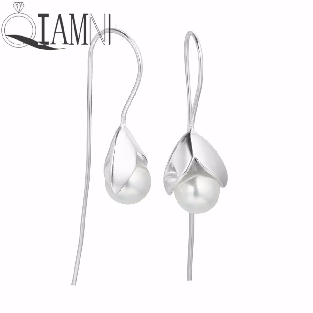 

QIAMNI Women's 925 Sterling Silver Beautiful Flower Imitation Pearl Long Hook Dangle Earring Wedding Gift Minimalist Jewelry
