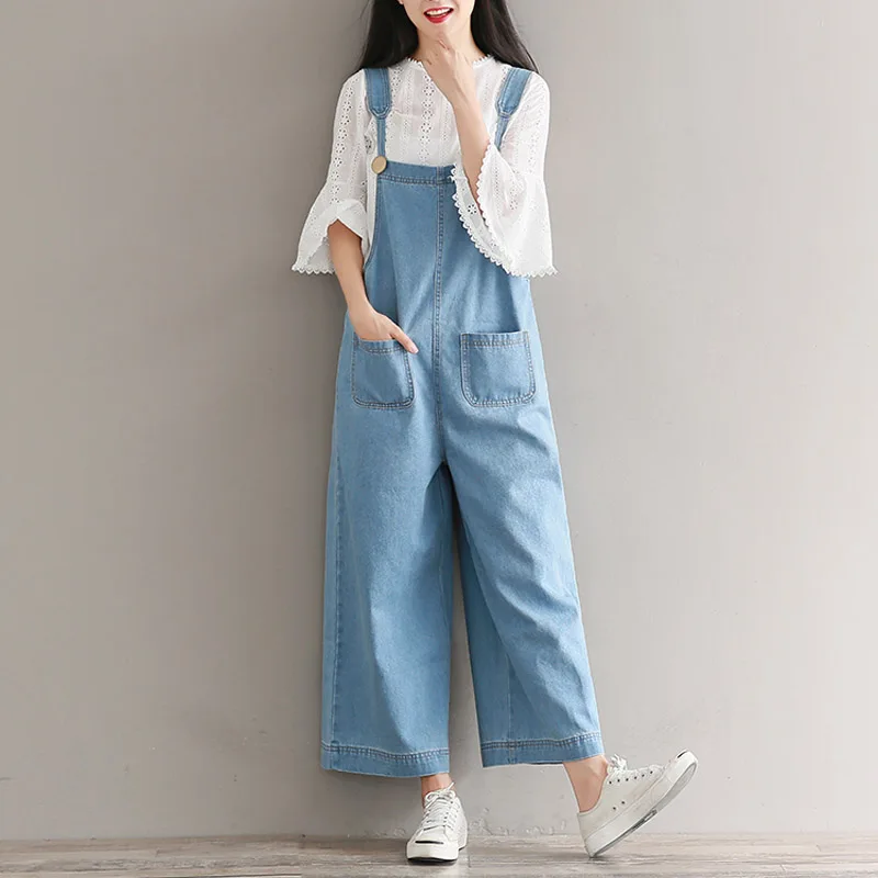 

LLZACOOSH 2019 Autumn Loose Denim Jumpsuit Vintage Suspender Jeans Ankle-Length Wide Leg Pant Women Jumpsuit Overalls Large Size
