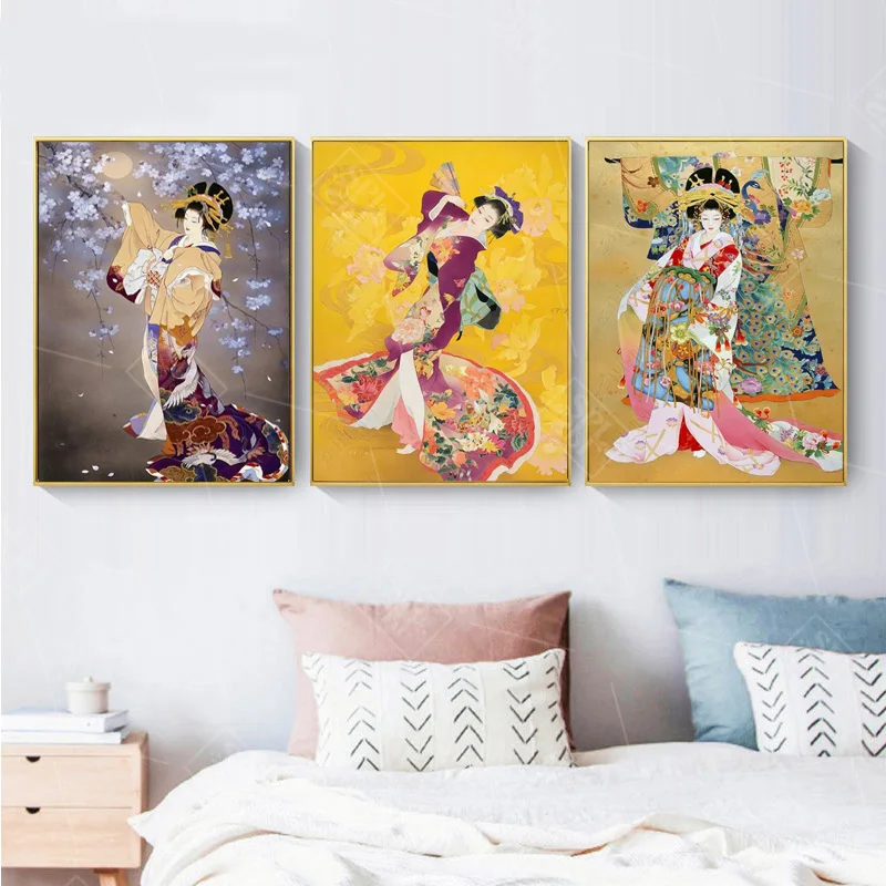 

Japanese Kimono Girls Portrait Posters and Prints Vintage Home Decor Canvas Painting Wall Art Picture for Living Room No Framed