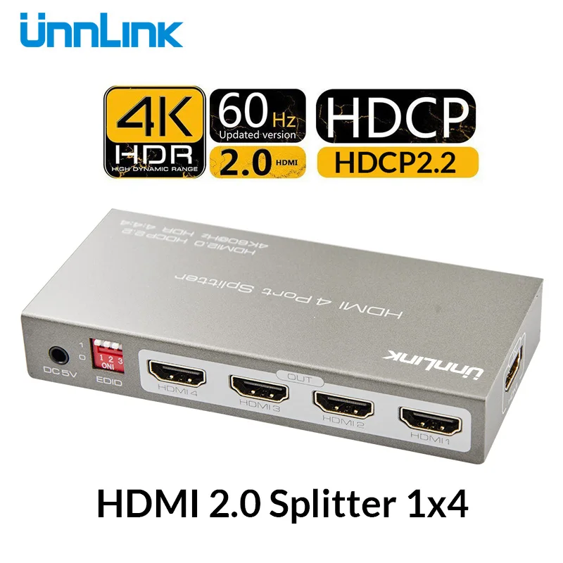 

Unnlink HDMI Splitter 1X4 HDMI2.0 UHD4K@60HZ 4:4:4 18Gbps HDR HDCP 2.2 3D EDID for LED Smart tv mi tv box ps4 switch projector