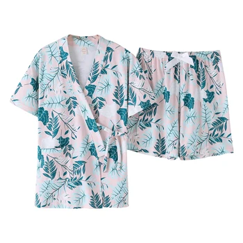 

Summer New Sexy Bathrobes Pajamas Woman Robe Set 100% Pure Cotton Short Sleeve Pajamas 2 Pcs Hawaiian Style Fashion Sleepwear