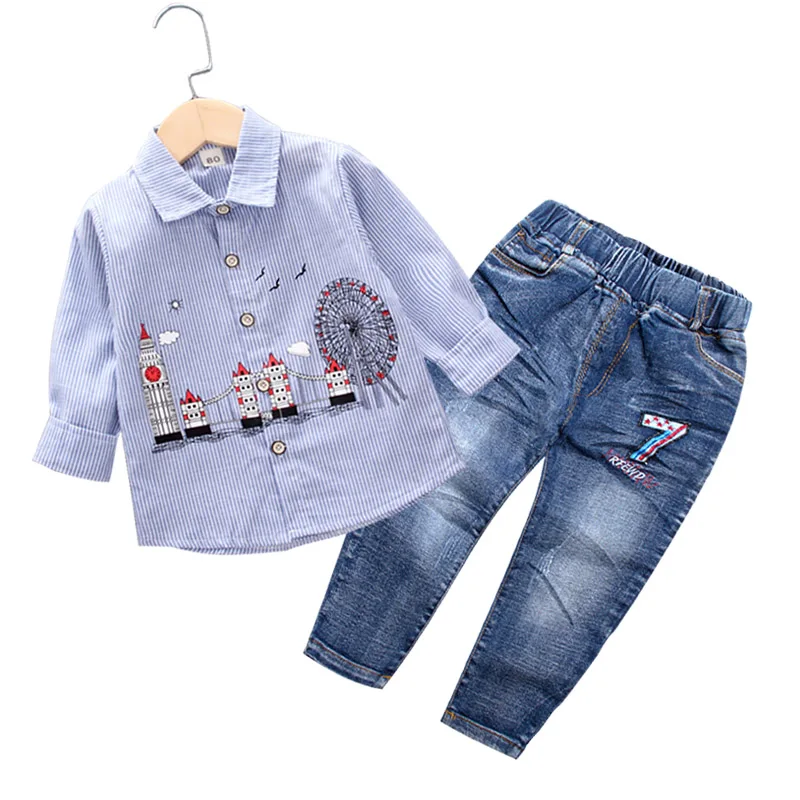 Комплект одежды для маленьких мальчиков, г. Осенняя детская одежда хлопковая рубашка в полоску с длинными рукавами+ джинсы, комплект джентльмена для мальчиков, От 1 до 5 лет