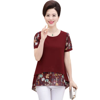 

Tops High Quality Lady Chiffon O-Neck Floral Short Sleeve Casual T-Shirt Summer Pullover For Women 2020 Plus Size Mother Clothes