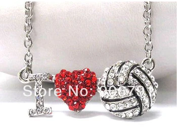 

30pcs 1lot alloy silver plated red heart with i love volleyball l sport series pendant necklaces