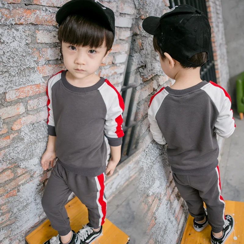 

2018 Children Clothing Set 2pcs sets Coat+pants Dark Grey Twinset Red&White Striped Toddler Boys Clothing Cotton Sport Tracksuit