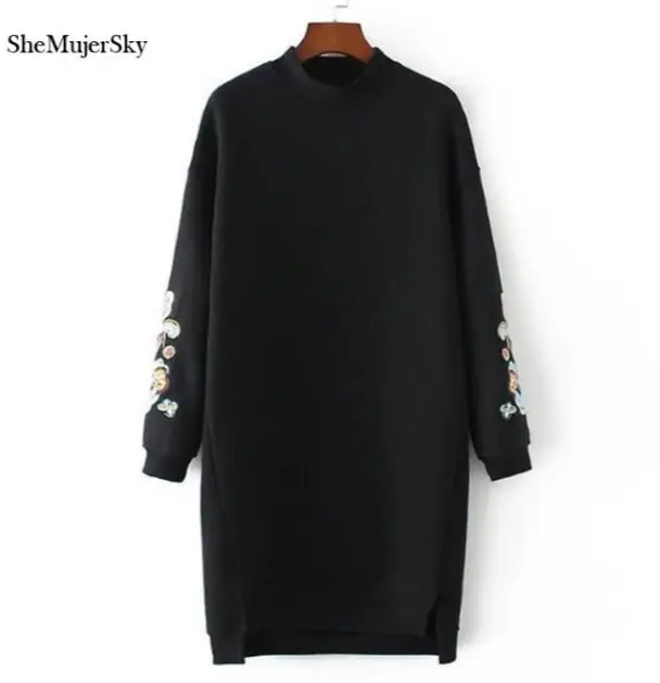 SheMujerSky, Женская толстовка, длинное платье с капюшоном, с цветочной вышивкой, moleton feminino, пуловер для женщин, зима - Цвет: Black