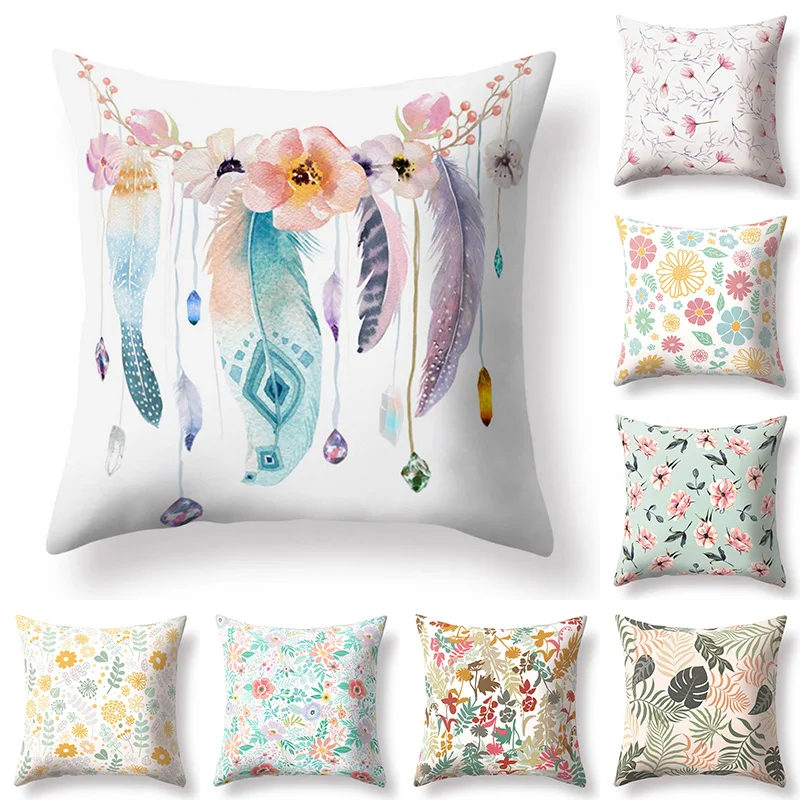 

Flowers Feather Printed Polyester Cushion Cover Decorative Office Home Throw Pillow Cover Cojines Kussenhoes Almofada Coussin